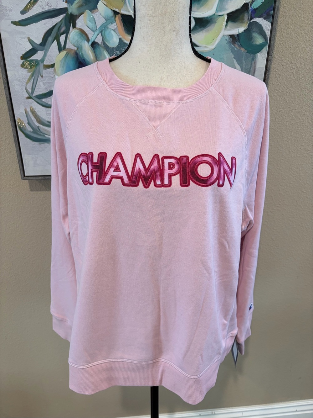 Champion Pink Crewneck Sweatshirt with Bold Maroon Logo